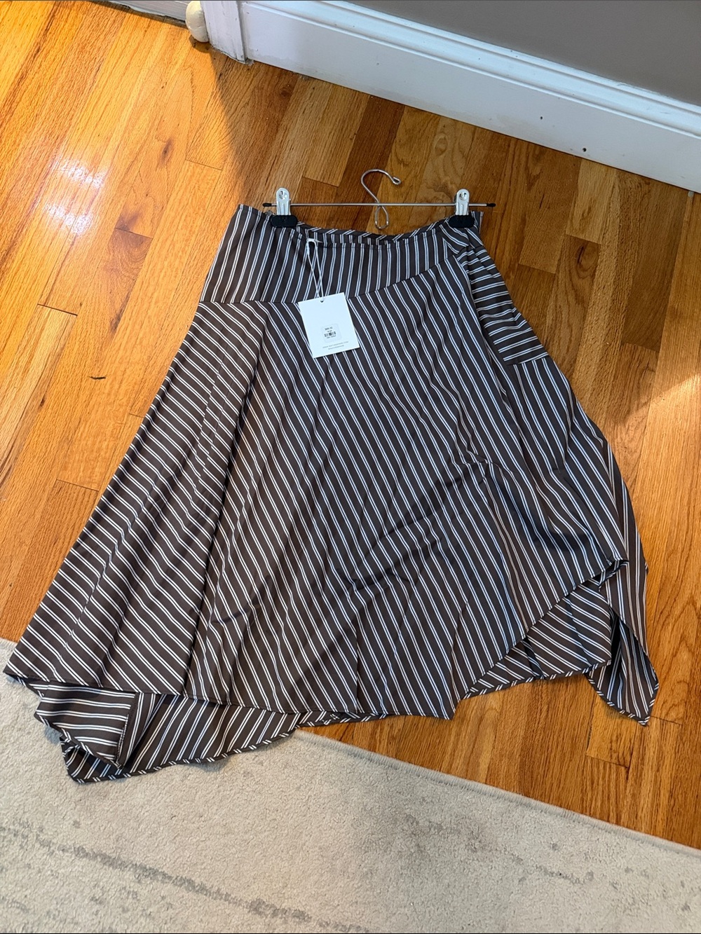Nia Striped Asymmetric Midi Skirt in Brown and White